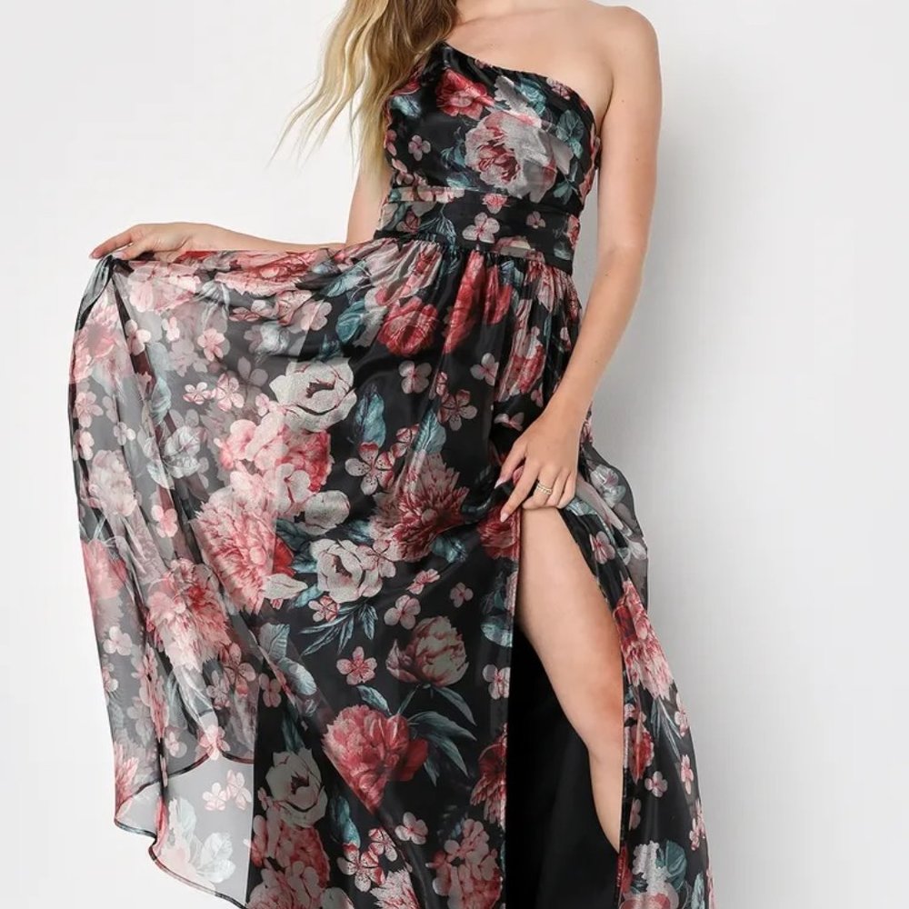 Bringing the Charm Black Floral Organza One-Shoulder Maxi Dress *read descript.*